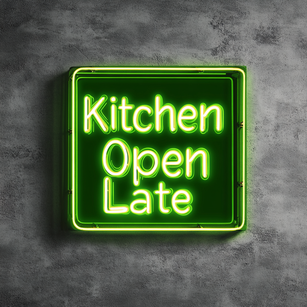 "Kitchen Open Late" - Green Neon Sign, 18 Inches