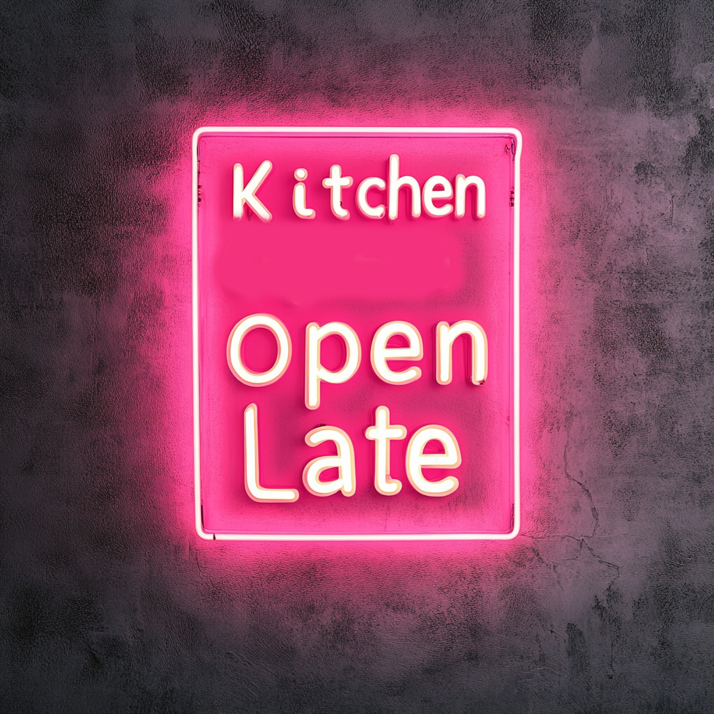 "Kitchen Open Late" - Pink Neon Sign, 18 Inches