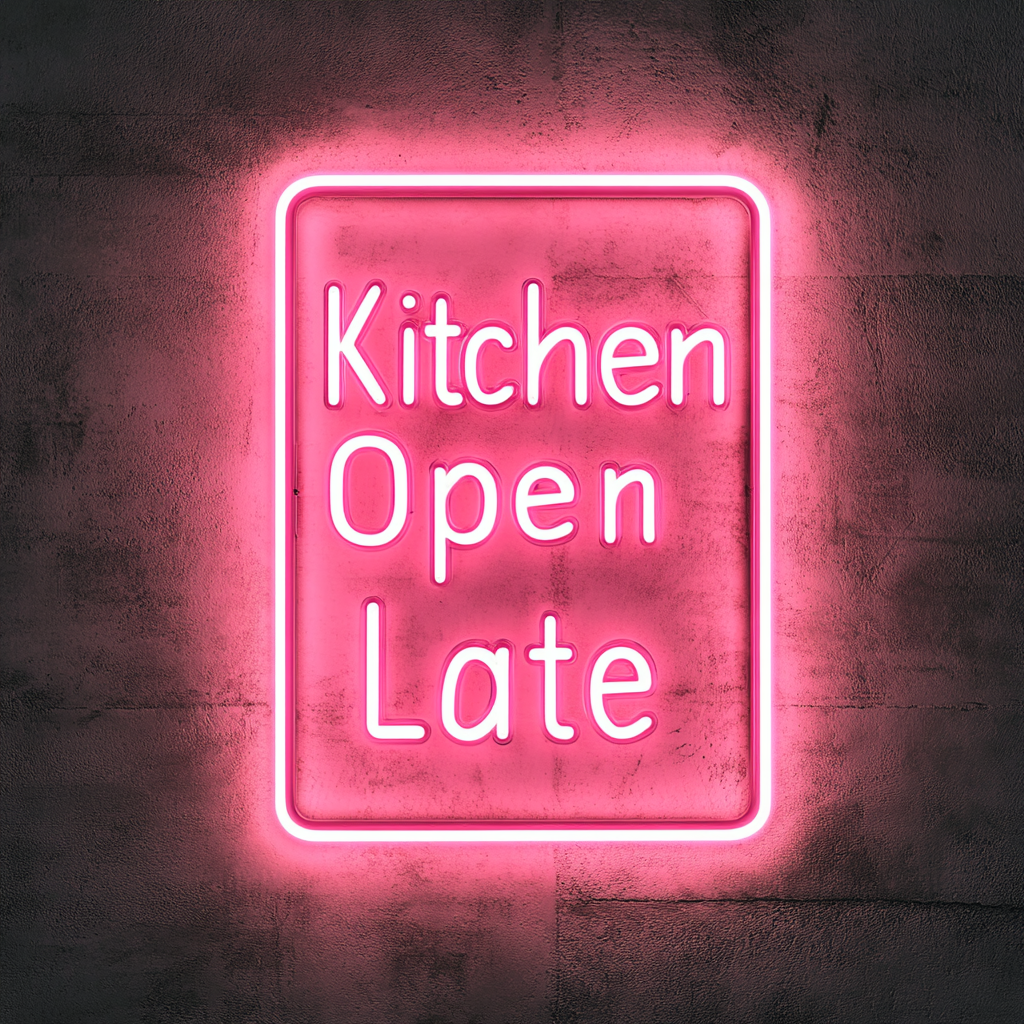 "Kitchen Open Late" - Pink Neon Sign, 18 Inches