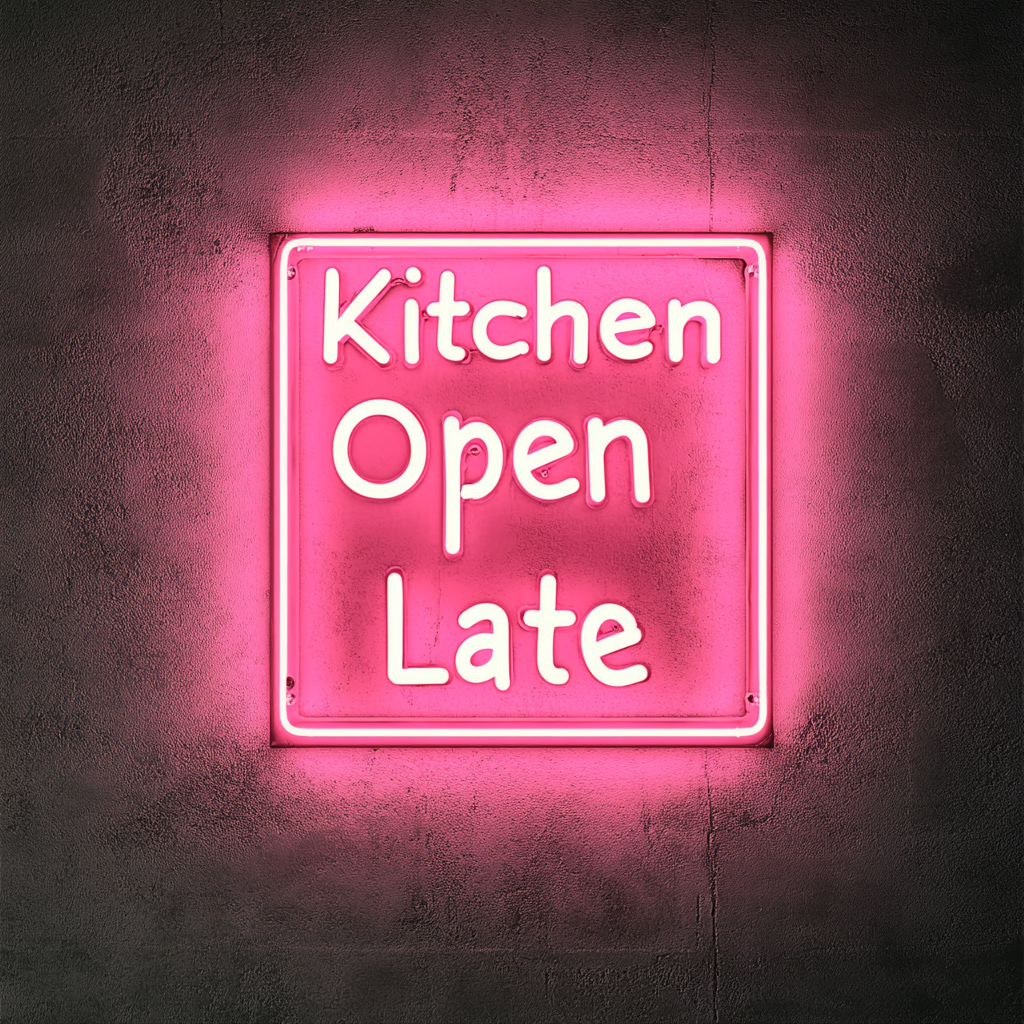 "Kitchen Open Late" - Pink Neon Sign, 18 Inches