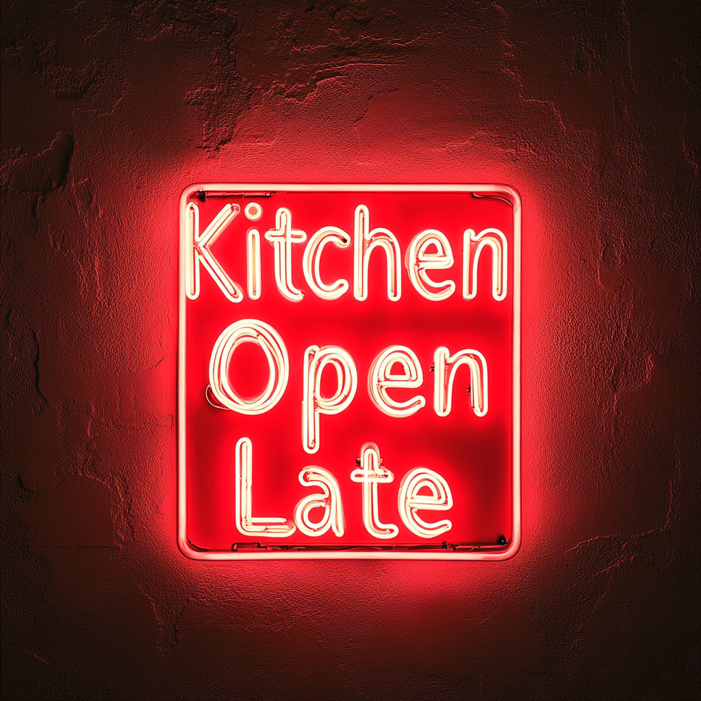 "Kitchen Open Late" - Red Neon Sign, 18 Inches