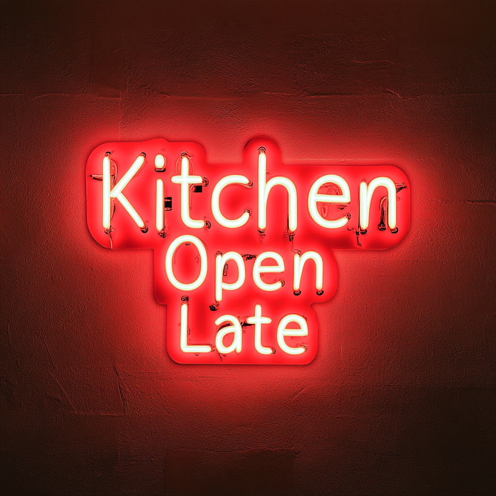 "Kitchen Open Late" - Red Neon Sign, 18 Inches