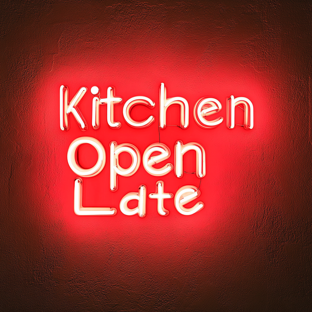 "Kitchen Open Late" - Red Neon Sign, 18 Inches