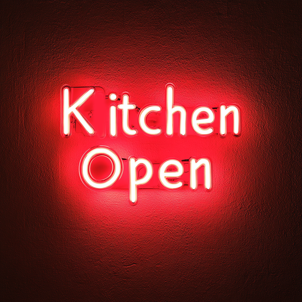 "Kitchen Open Late" - Red Neon Sign, 18 Inches