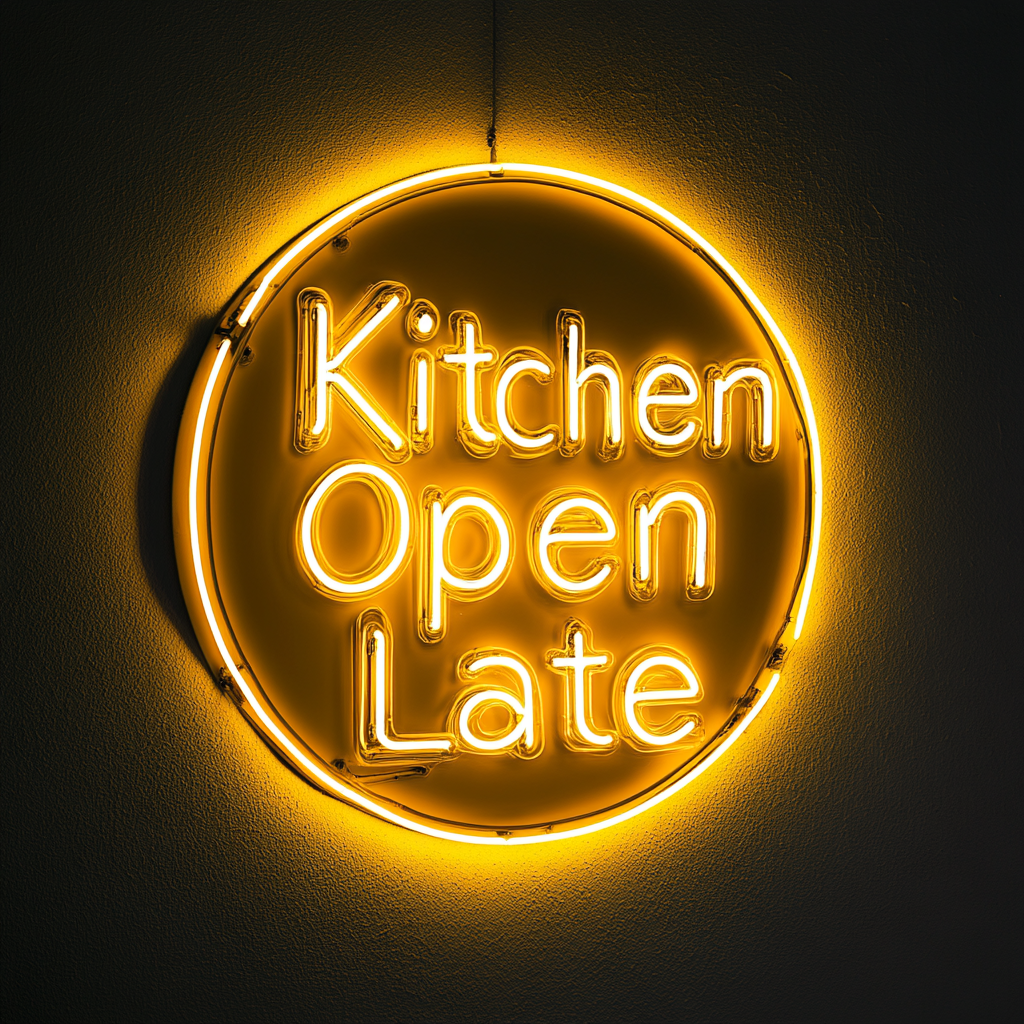 "Kitchen Open Late" - Yellow Neon Sign, 18 Inches
