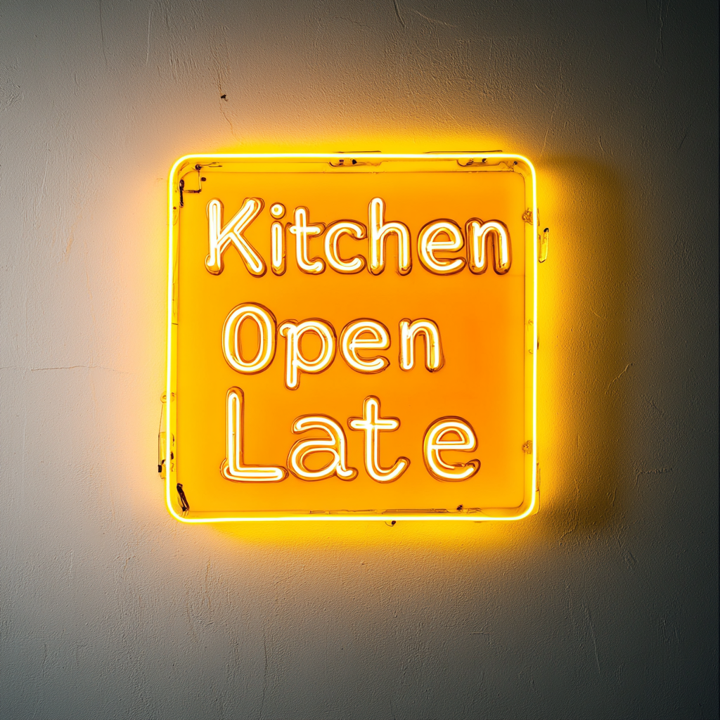 "Kitchen Open Late" - Yellow Neon Sign, 18 Inches