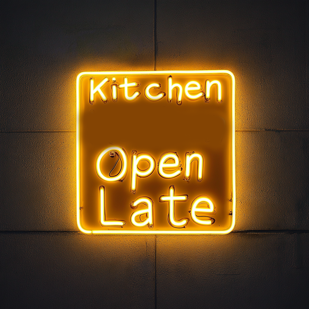"Kitchen Open Late" - Yellow Neon Sign, 18 Inches