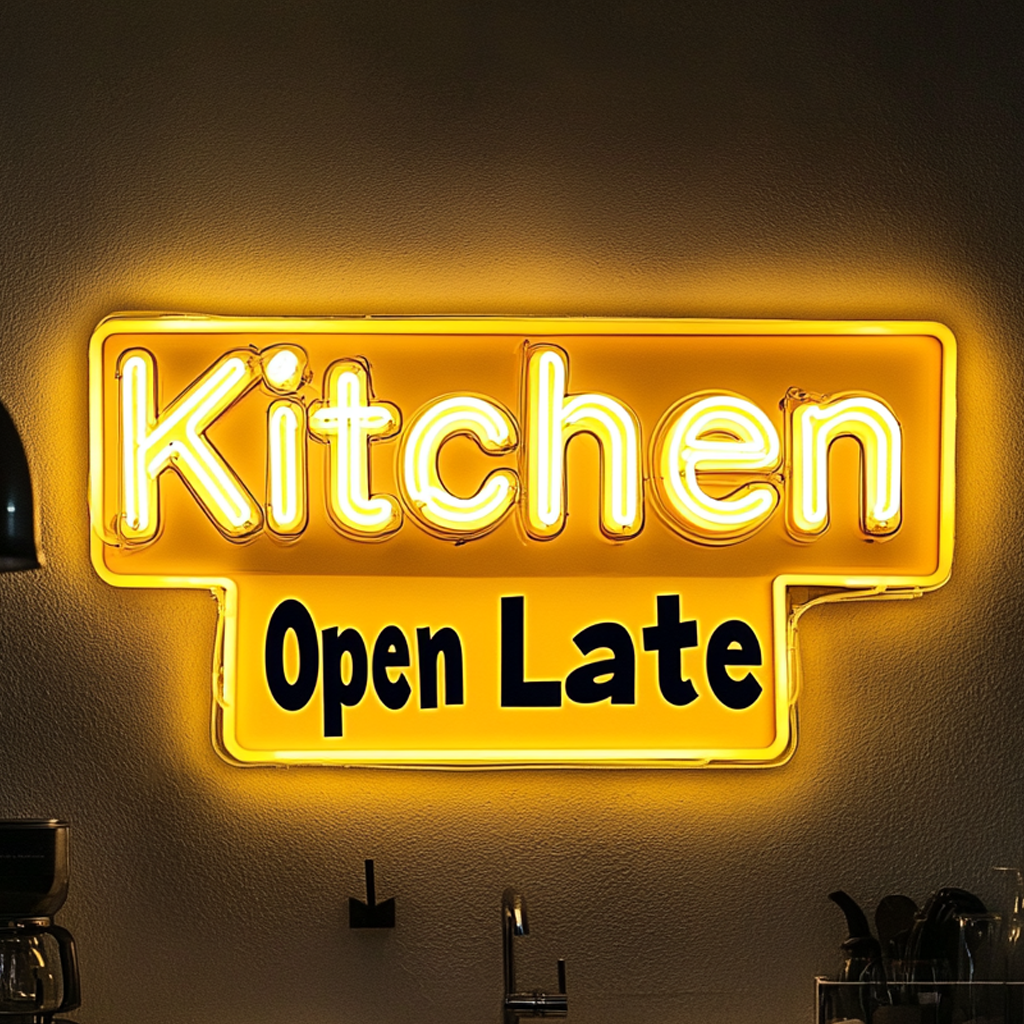 "Kitchen Open Late" - Yellow Neon Sign, 18 Inches