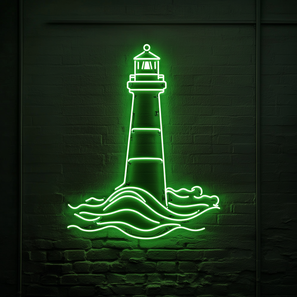Lighthouse with Waves - Green Neon Sign, 18 Inches