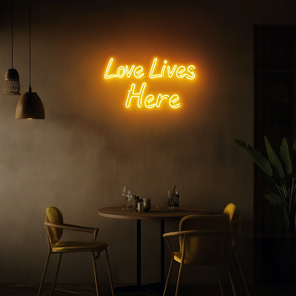 Love Lives Here - Yellow Neon Sign, 18 Inches