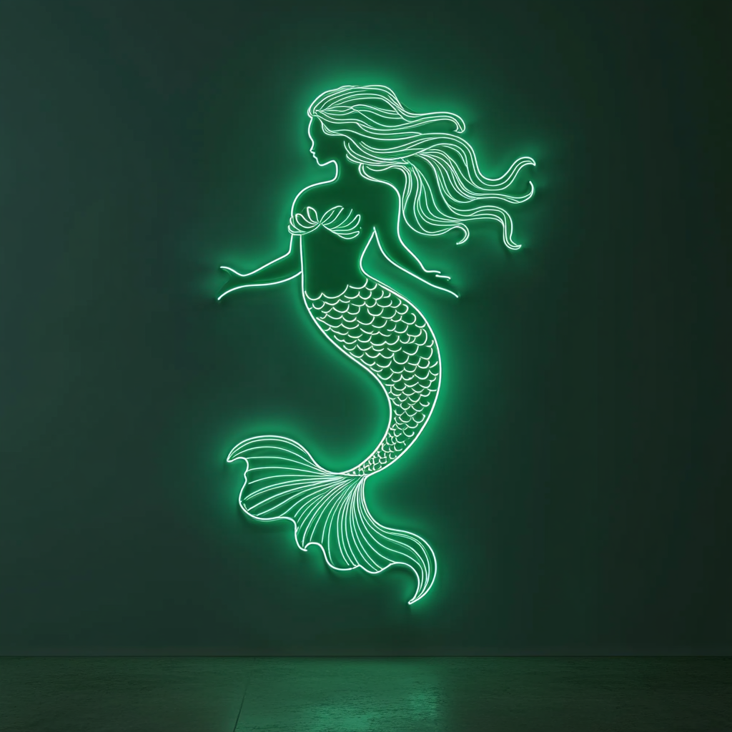 Mermaid with Waves - Green Neon Sign, 18 Inches