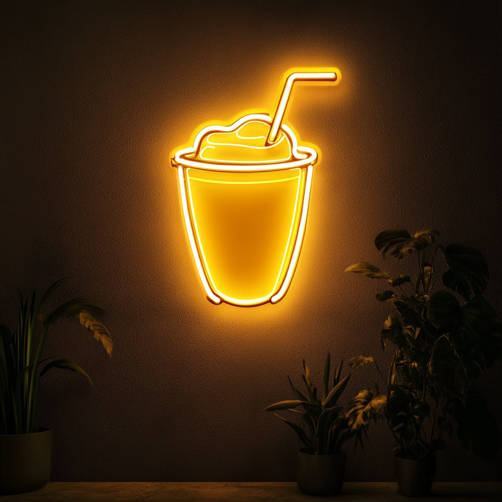 Milkshake Glass with Straw - Yellow Neon Sign, 24 Inches