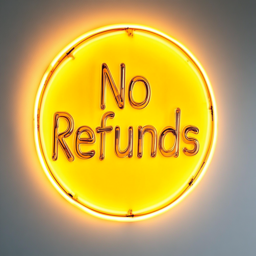 No Refunds - Yellow Neon Sign, 18 Inches