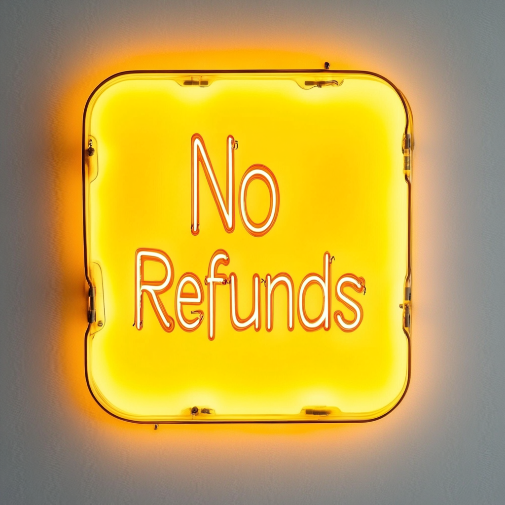 No Refunds - Yellow Neon Sign, 18 Inches