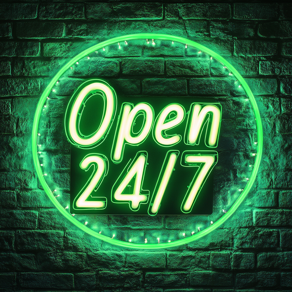 Open 24/7 - Green Neon Sign, 18 Inches