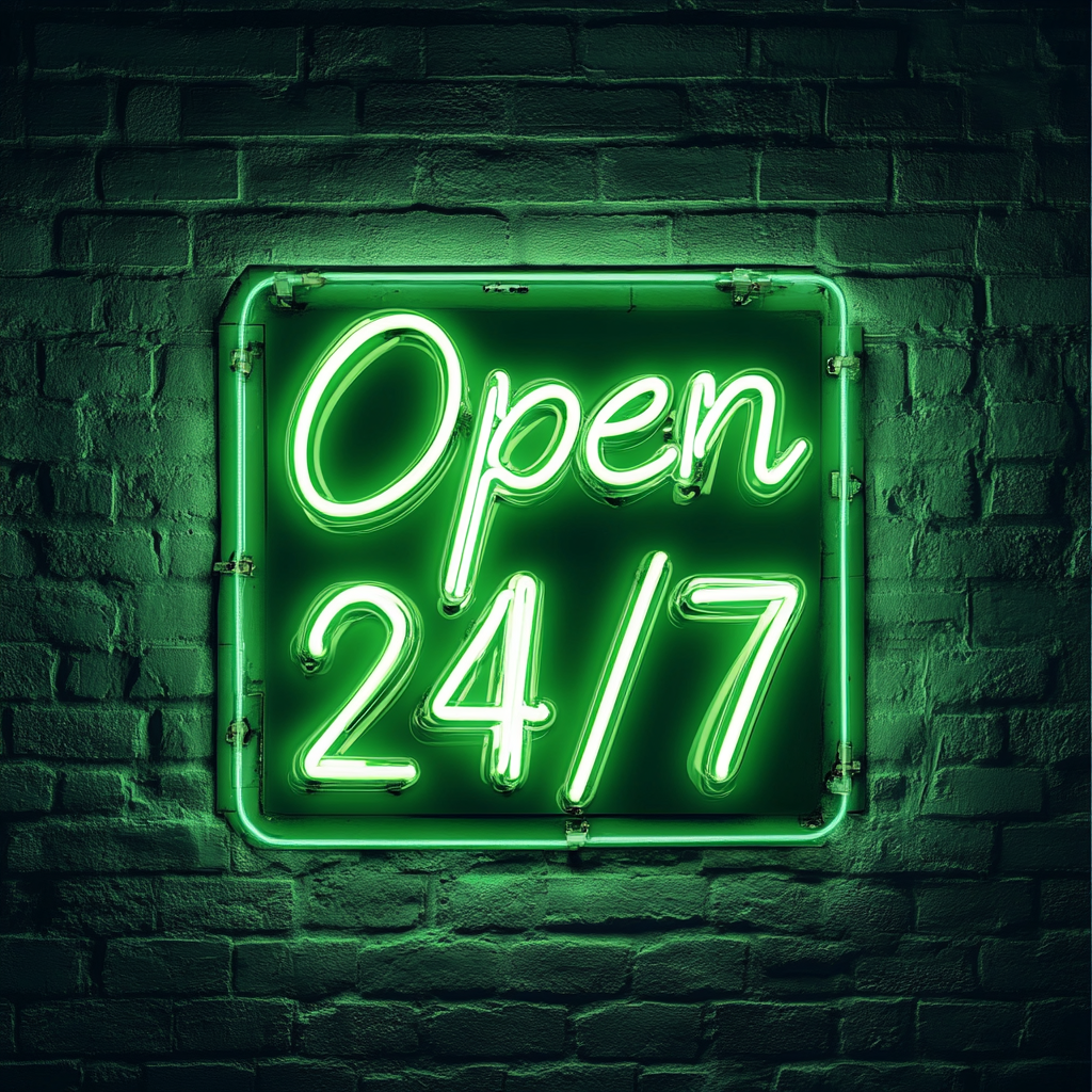 Open 24/7 - Green Neon Sign, 18 Inches