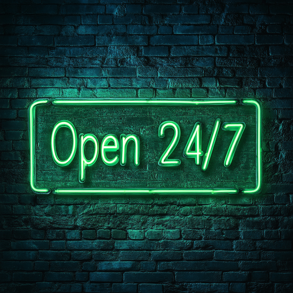 Open 24/7 - Green Neon Sign, 18 Inches
