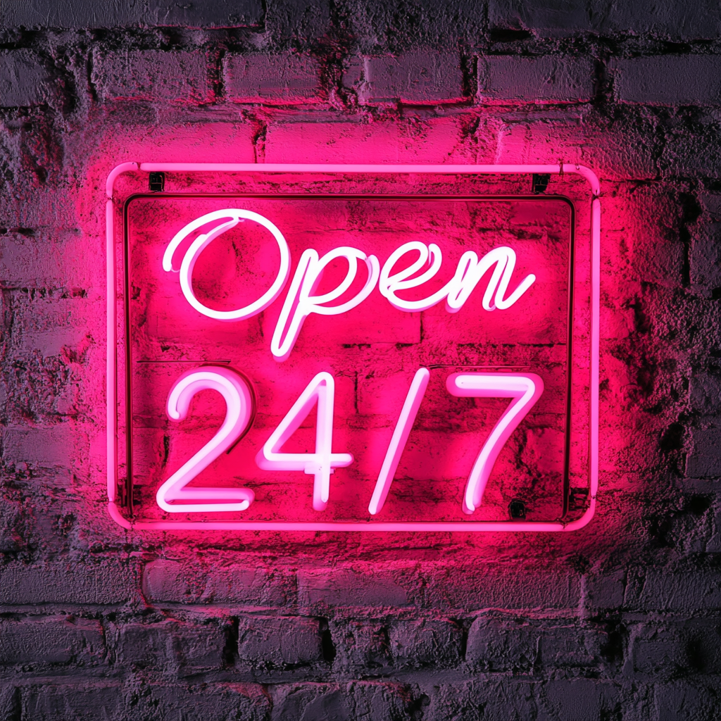 Open 24/7 - Pink Neon Sign, 18 Inches