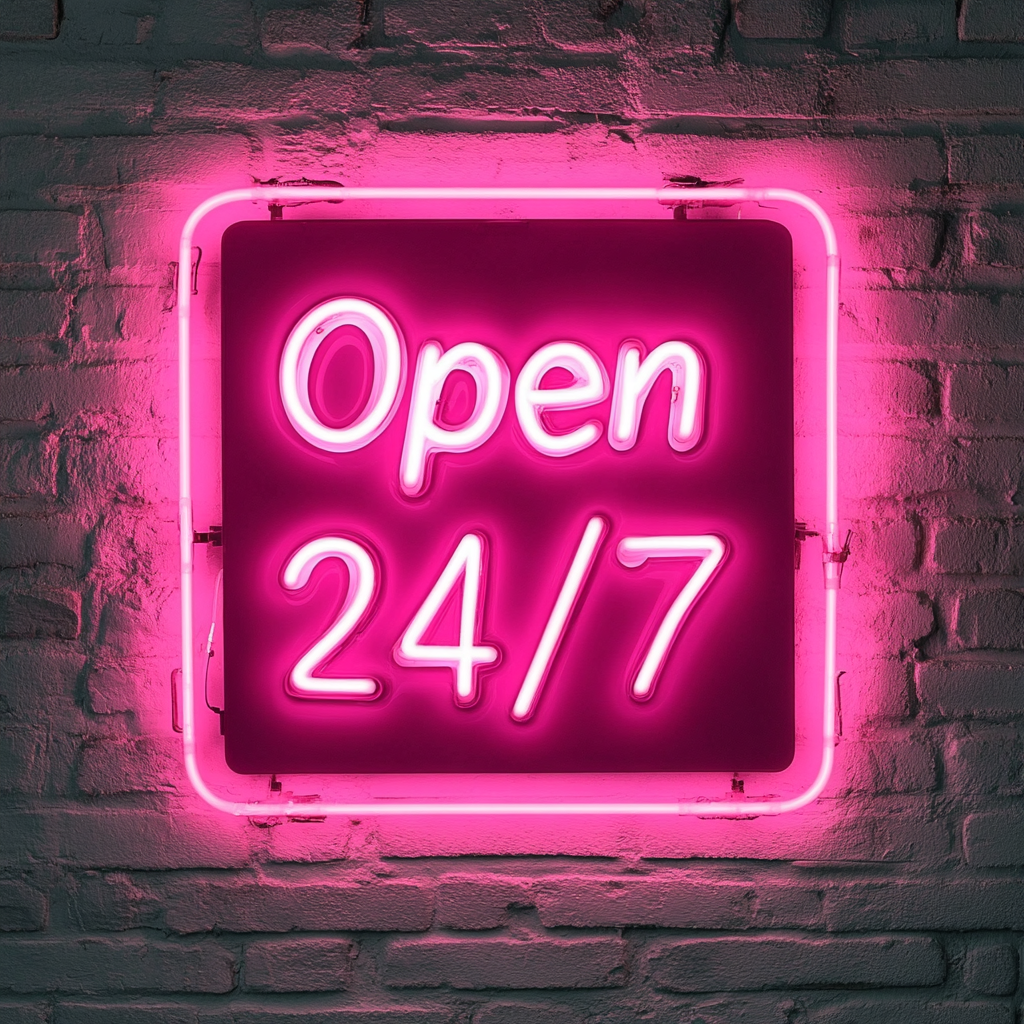 Open 24/7 - Pink Neon Sign, 18 Inches