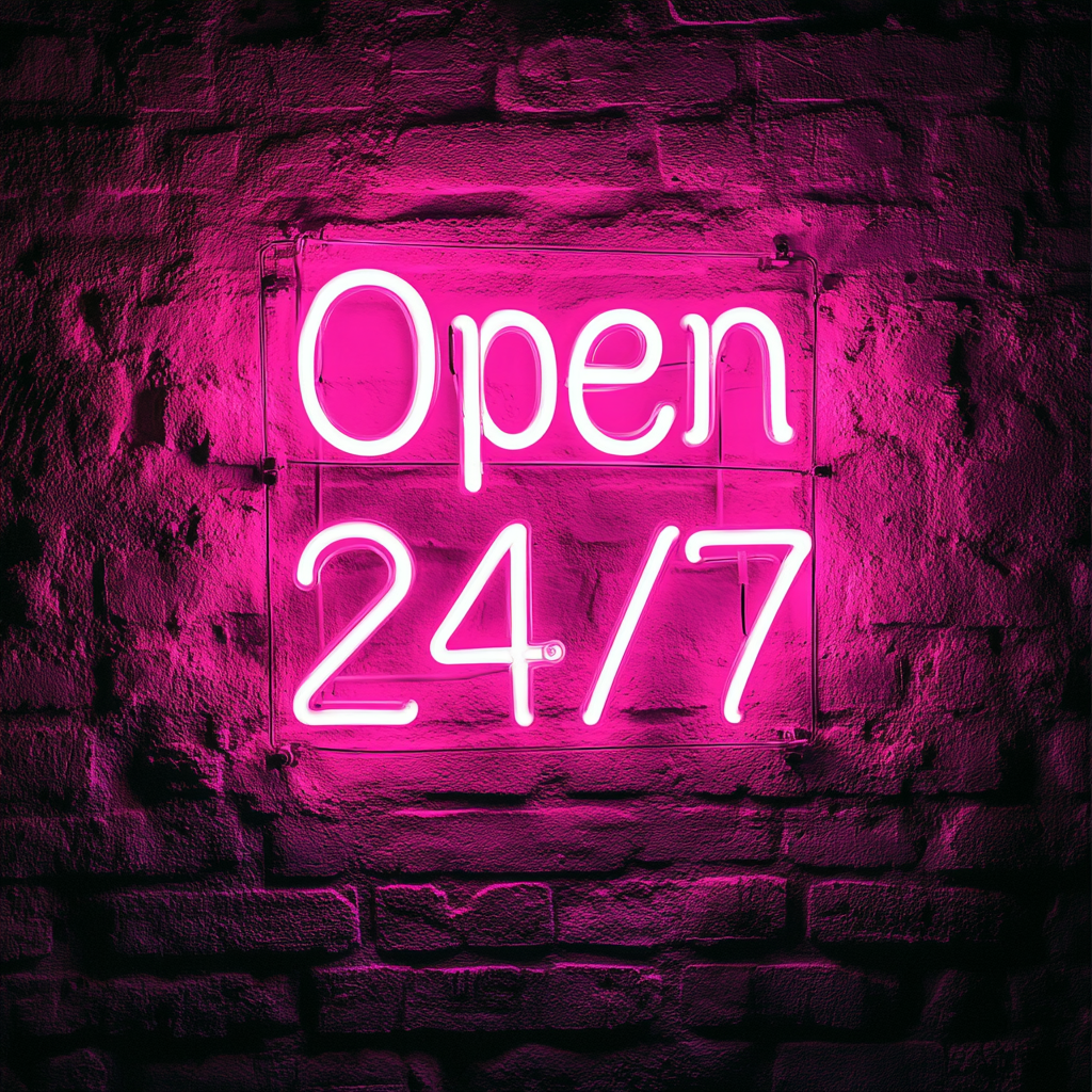 Open 24/7 - Pink Neon Sign, 18 Inches