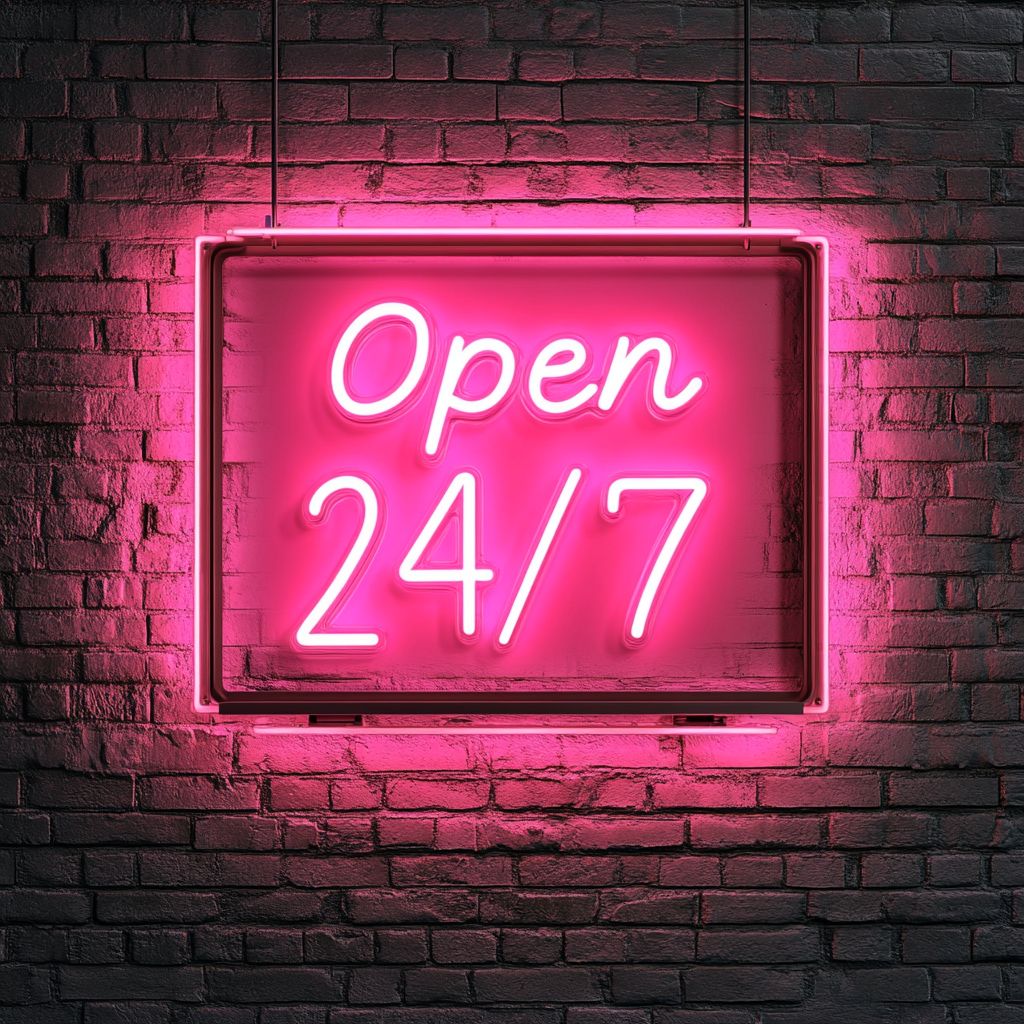 Open 24/7 - Pink Neon Sign, 18 Inches
