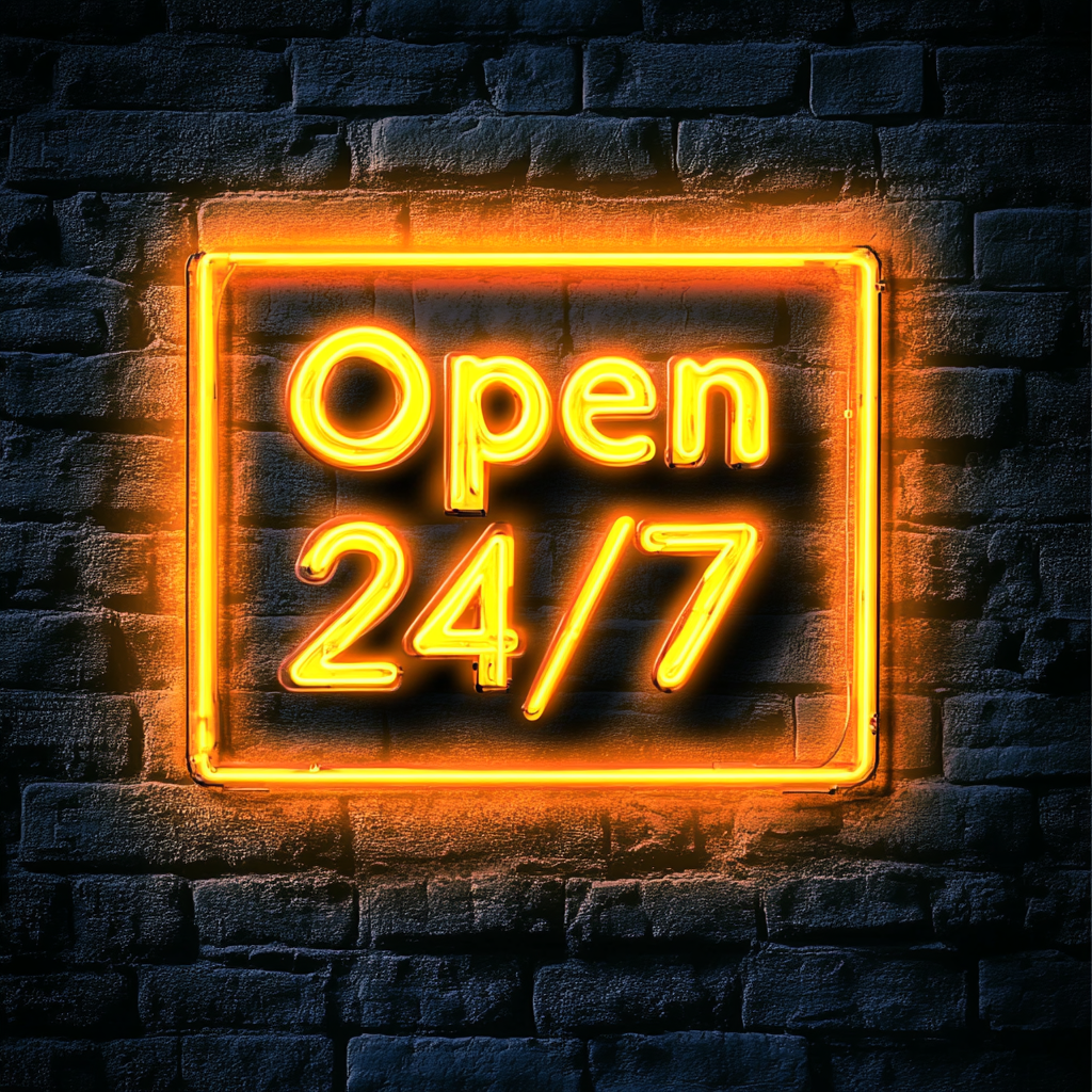 Open 24/7 - Yellow Neon Sign, 18 Inches