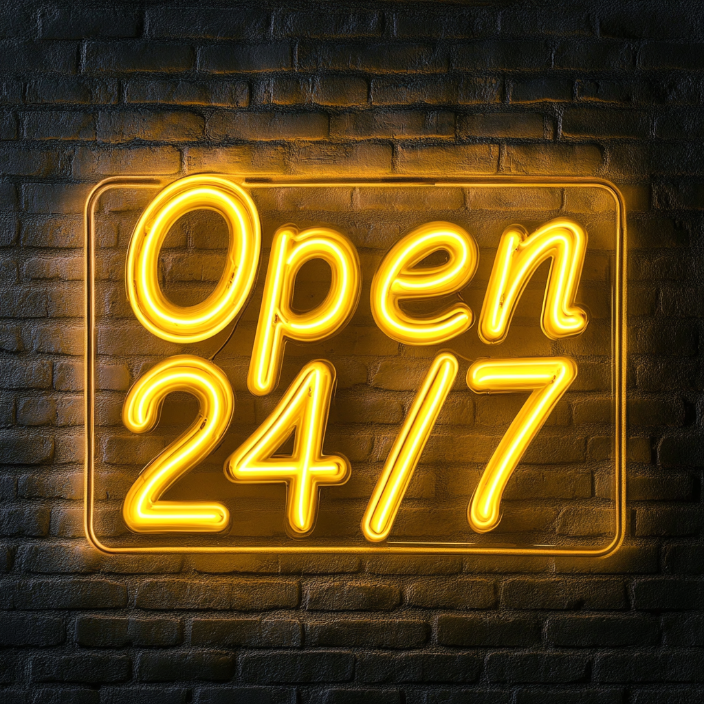 Open 24/7 - Yellow Neon Sign, 18 Inches