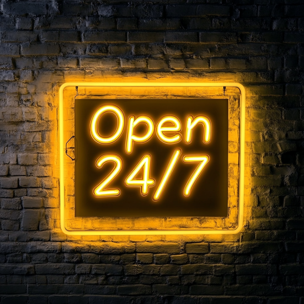 Open 24/7 - Yellow Neon Sign, 18 Inches