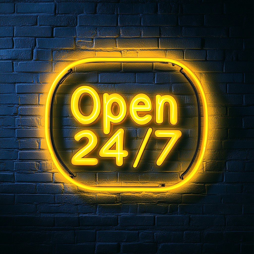Open 24/7 - Yellow Neon Sign, 18 Inches