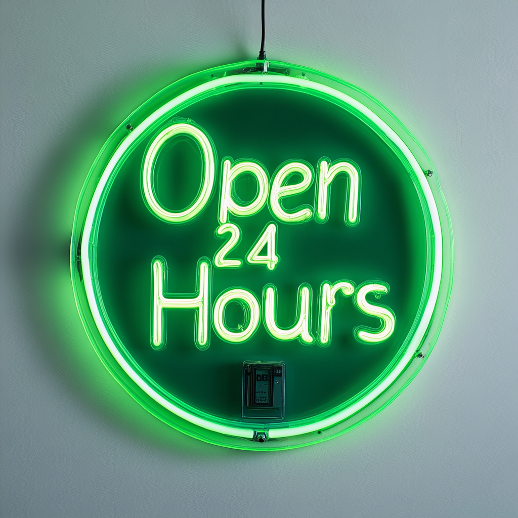 Open 24 Hours - Green Neon Sign, 24 Inches