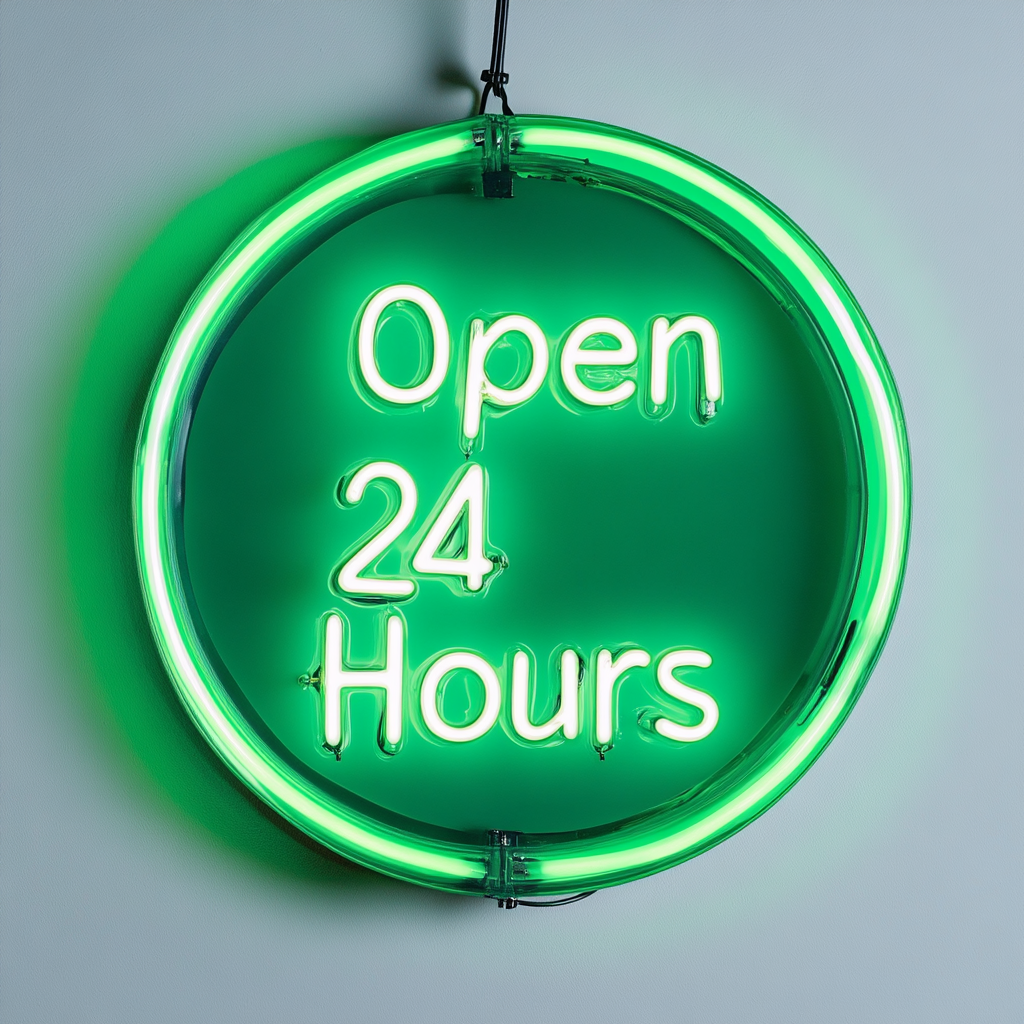 Open 24 Hours - Green Neon Sign, 18 Inches