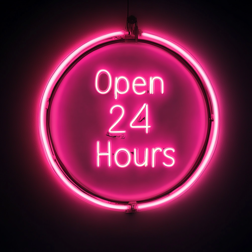 Open 24 Hours - Pink Neon Sign, 24 Inches