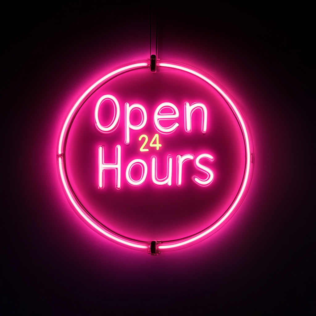 Open 24 Hours - Pink Neon Sign, 24 Inches