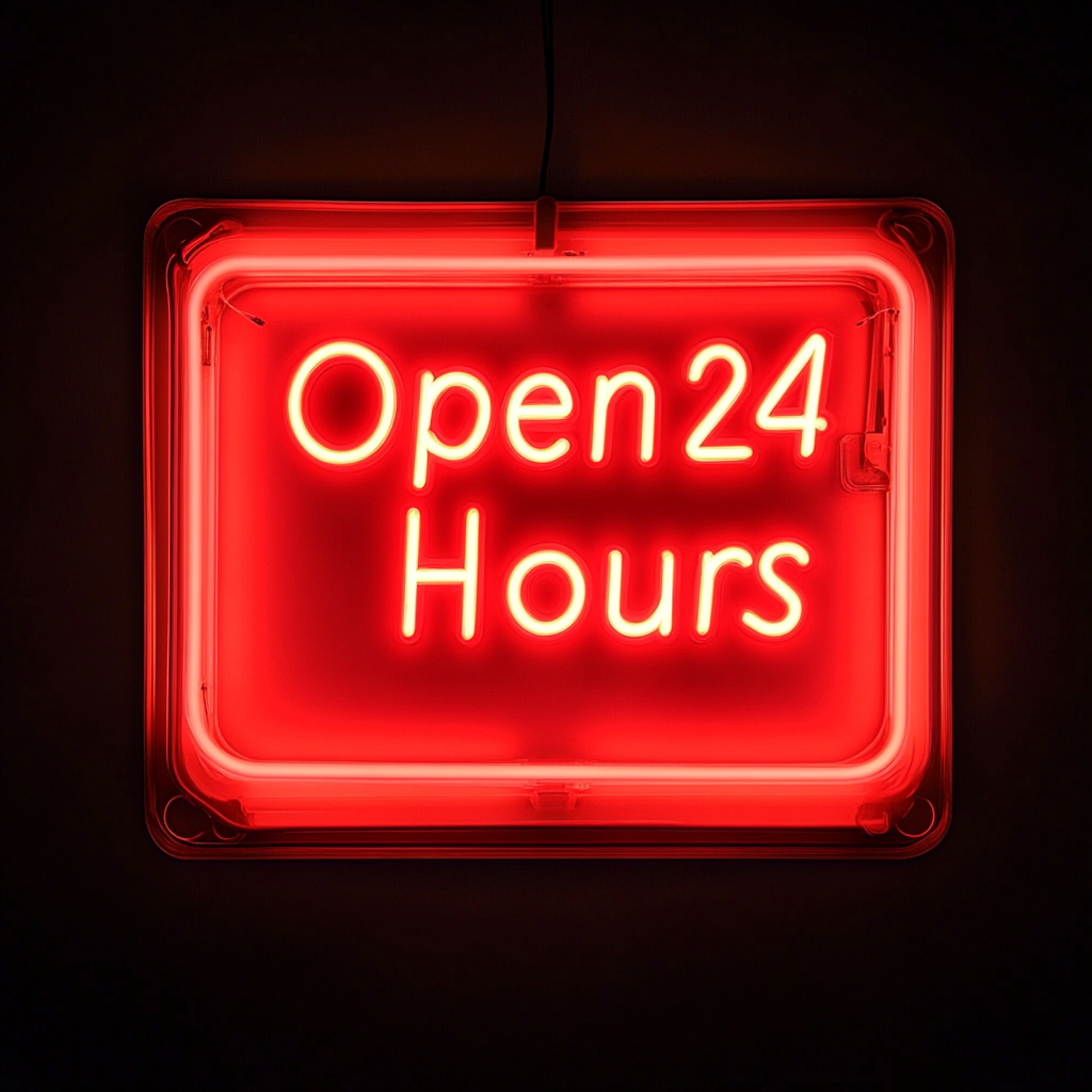Open 24 Hours - Red Neon Sign, 18 Inches