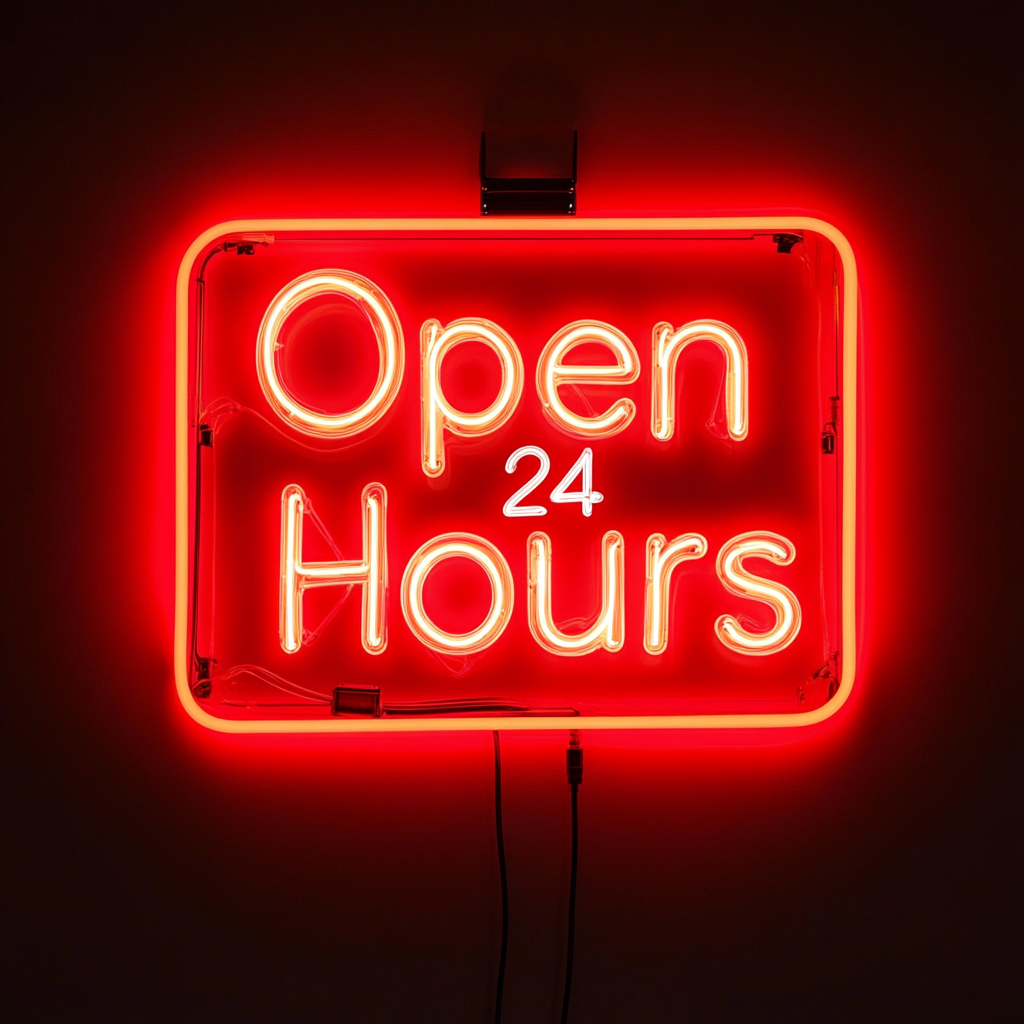 Open 24 Hours - Red Neon Sign, 24 Inches
