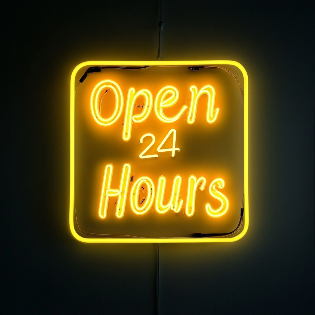 Open 24 Hours - Yellow Neon Sign, 18 Inches