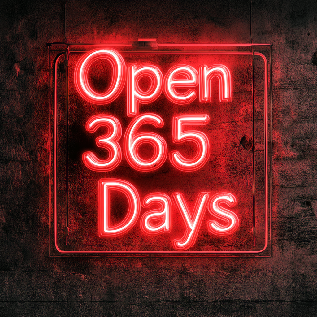 Open 365 Days - Red Neon Sign, 18 Inches