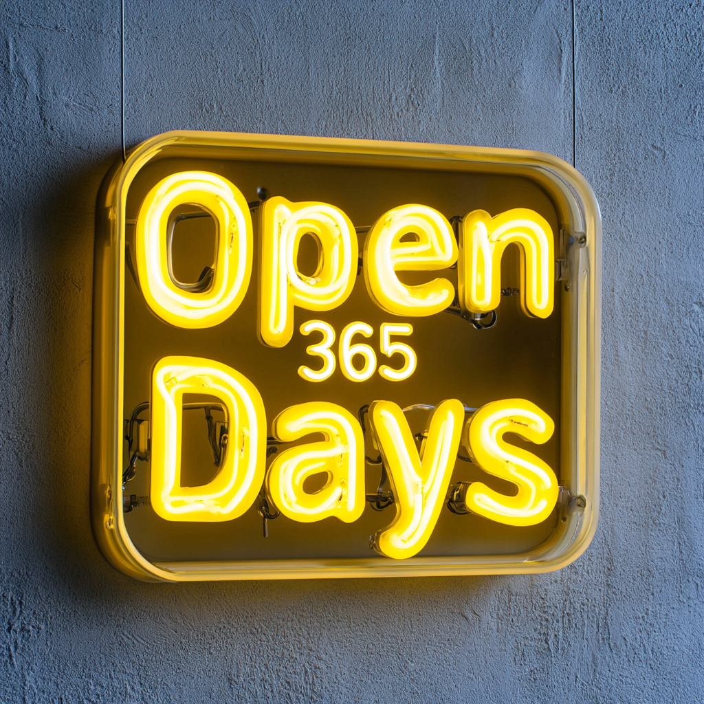Open 365 Days - Yellow Neon Sign, 18 Inches