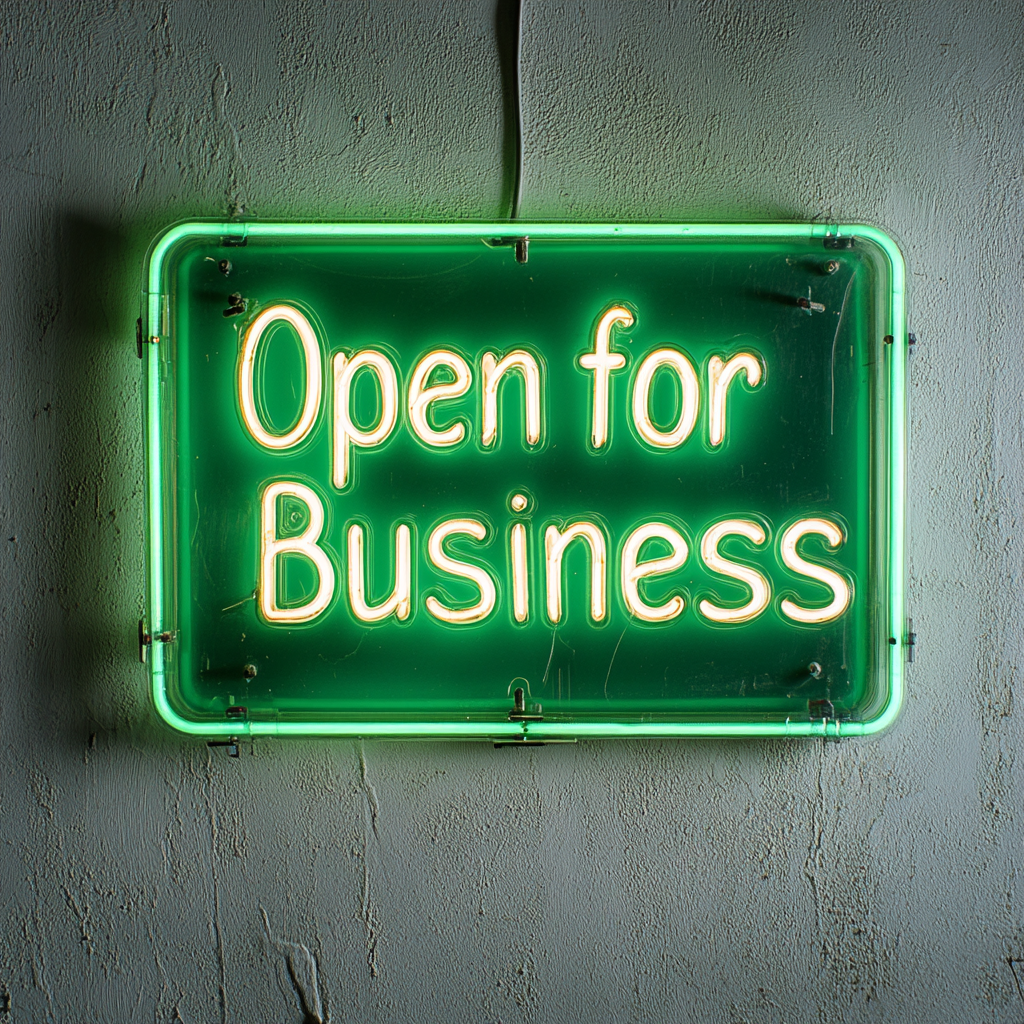 Open For Business - Green Neon Sign, 18 Inches
