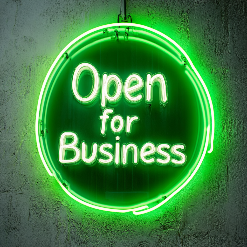 Open For Business - Green Neon Sign, 24 Inches