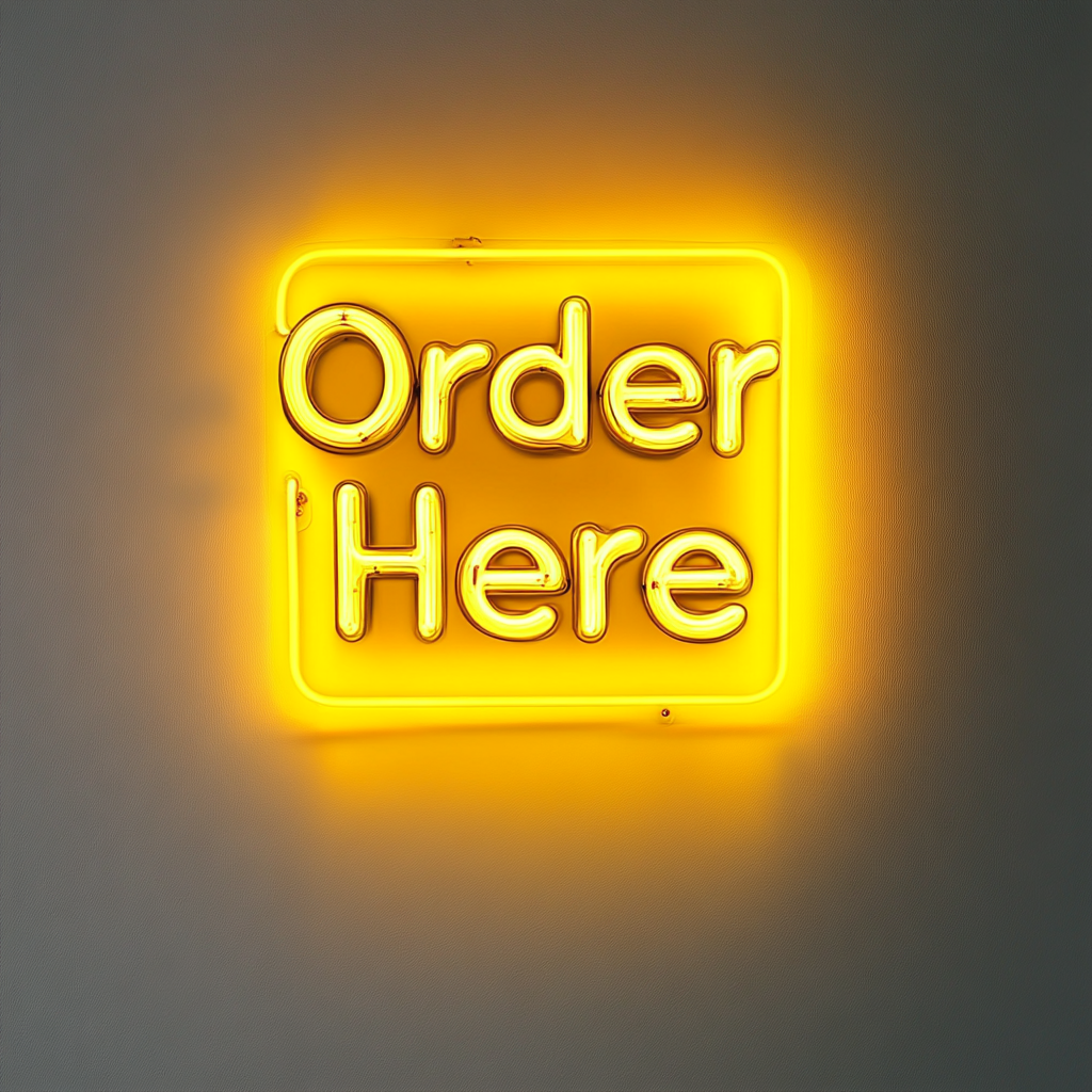 Order Here - Yellow Neon Sign, 24 Inches