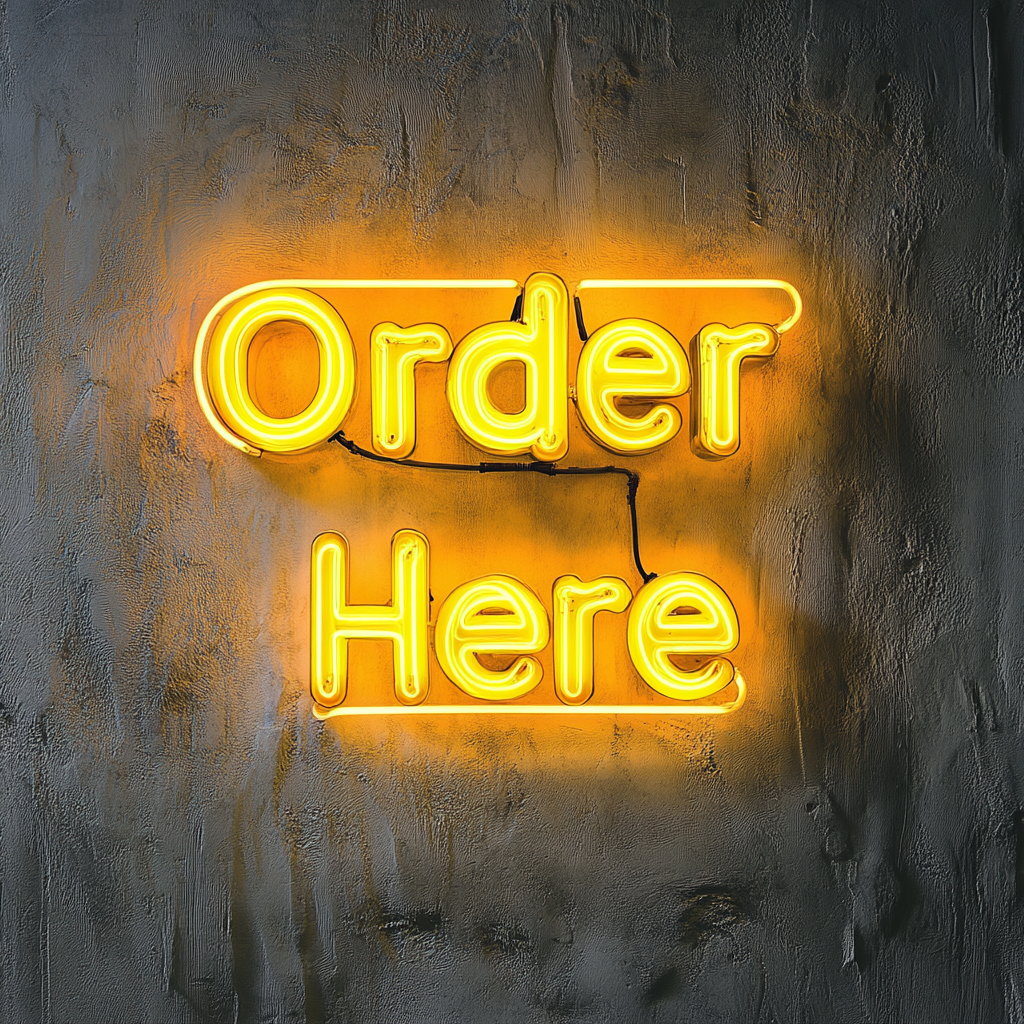 Order Here - Yellow Neon Sign, 24 Inches