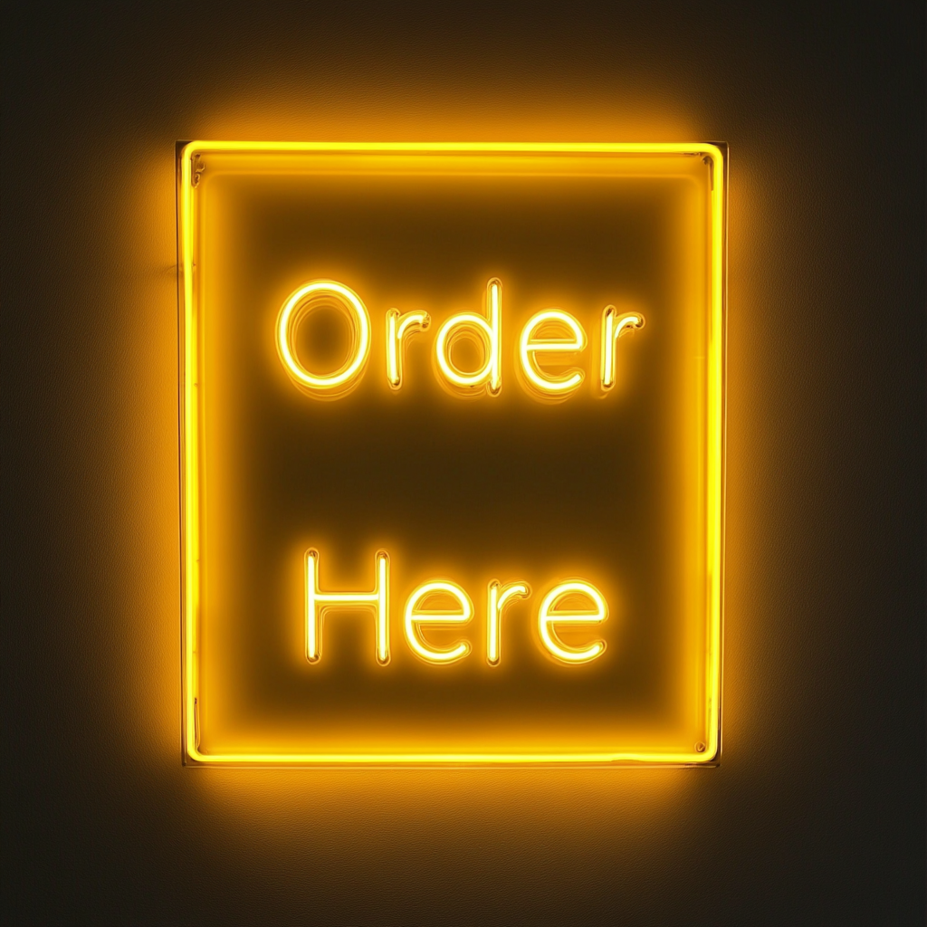 Order Here - Yellow Neon Sign, 18 Inches