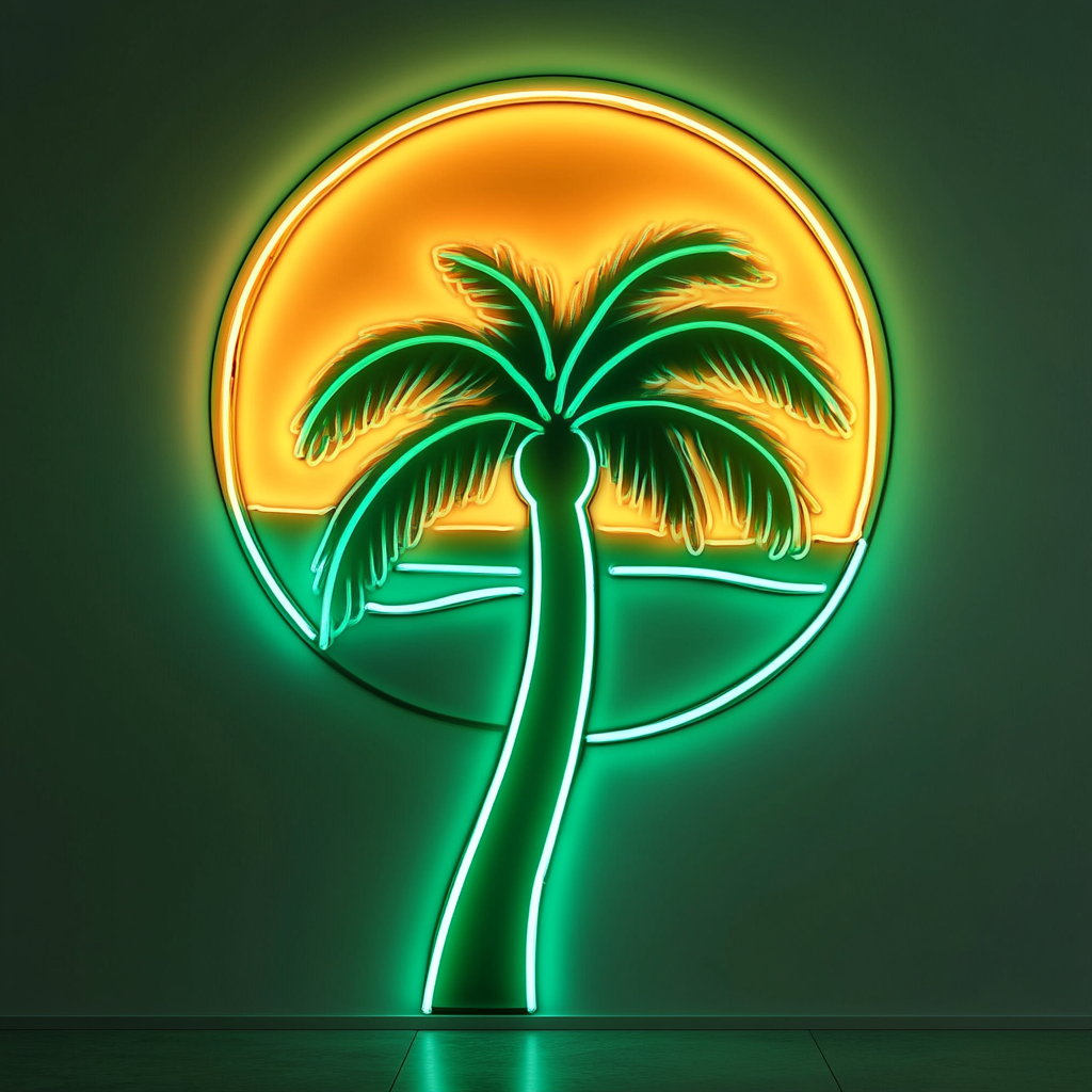 Palm Tree with Sunset - Green Neon Sign, 18 Inches
