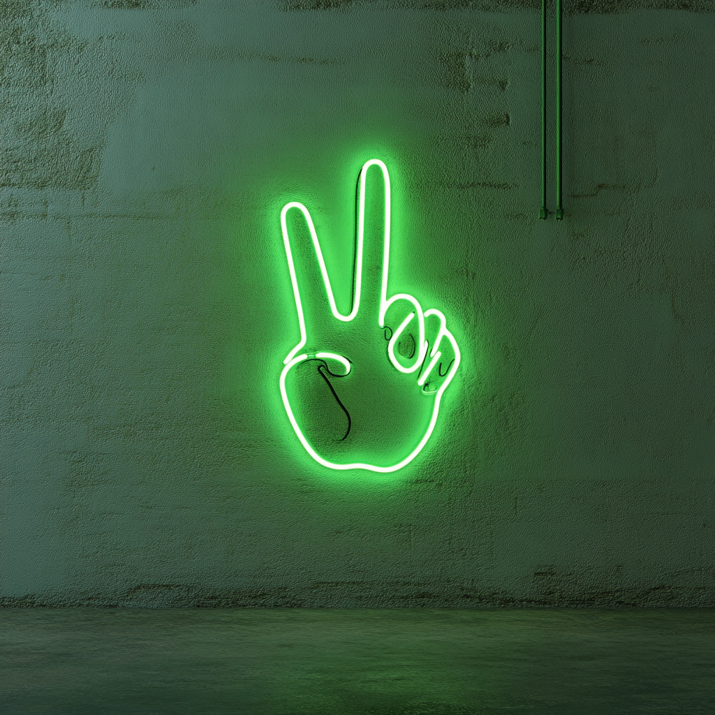 Peace Hand Gesture - Green Neon Sign, 18 Inches
