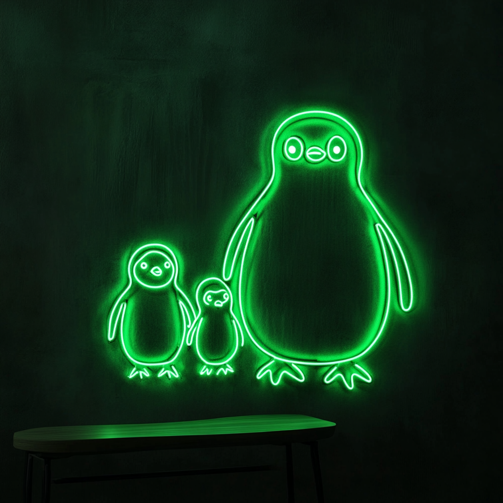 Penguin Family - Green Neon Sign, 24 Inches