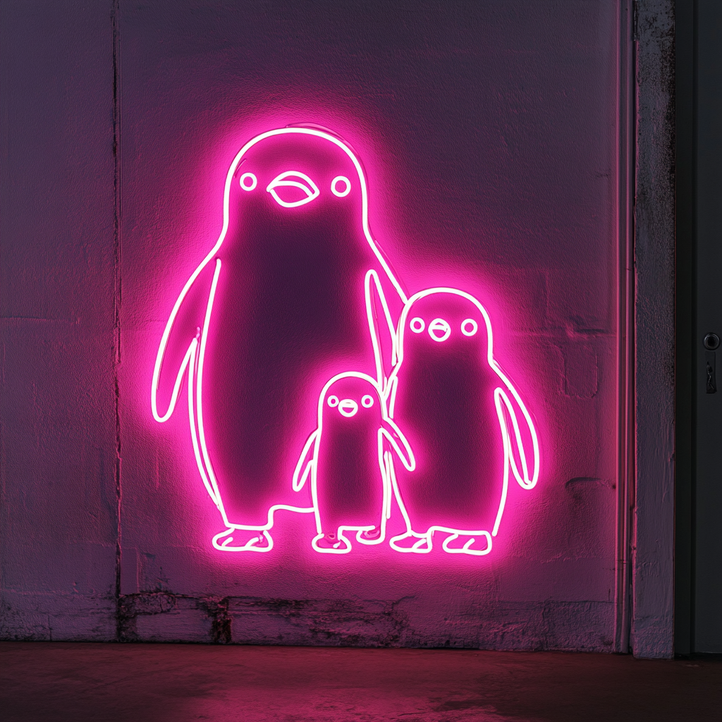 Penguin Family - Pink Neon Sign, 24 Inches