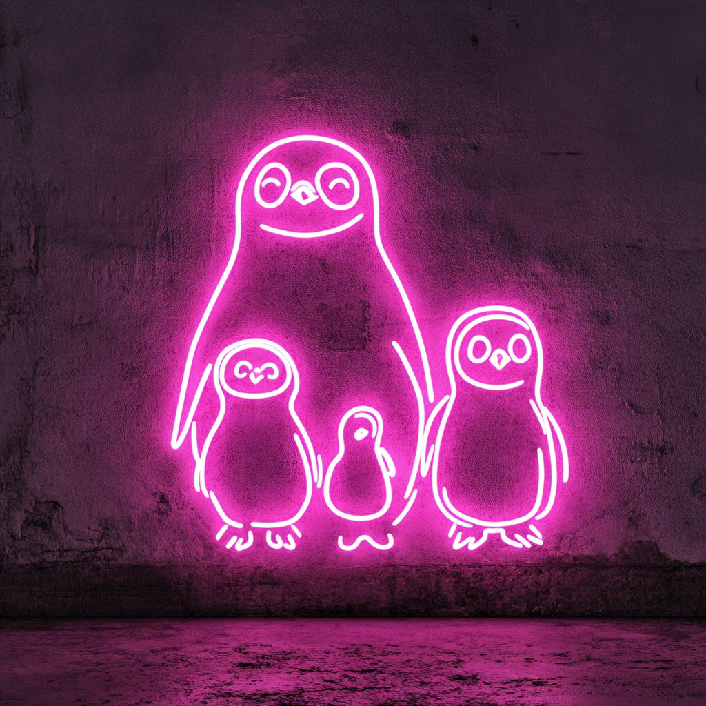 Penguin Family - Pink Neon Sign, 24 Inches