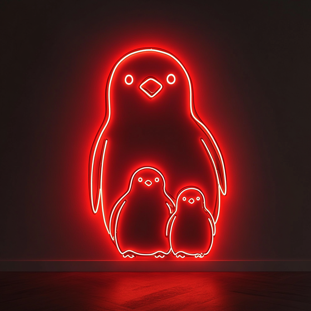 Penguin Family - Red Neon Sign, 18 Inches