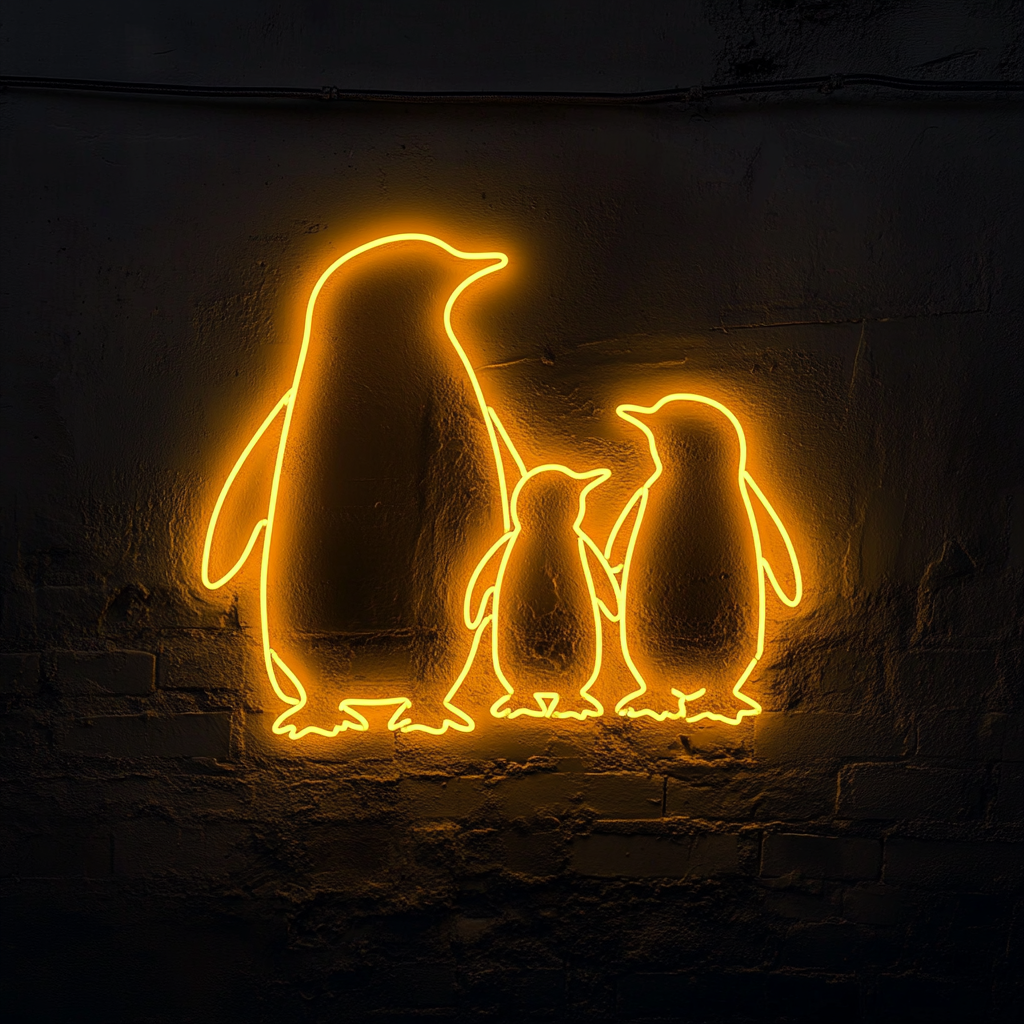 Penguin Family - Yellow Neon Sign, 18 Inches